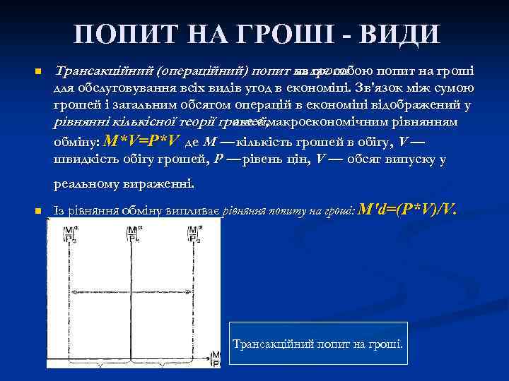 ПОПИТ НА ГРОШІ - ВИДИ n Трансакційний (операційний) попит на гроші являє собою попит