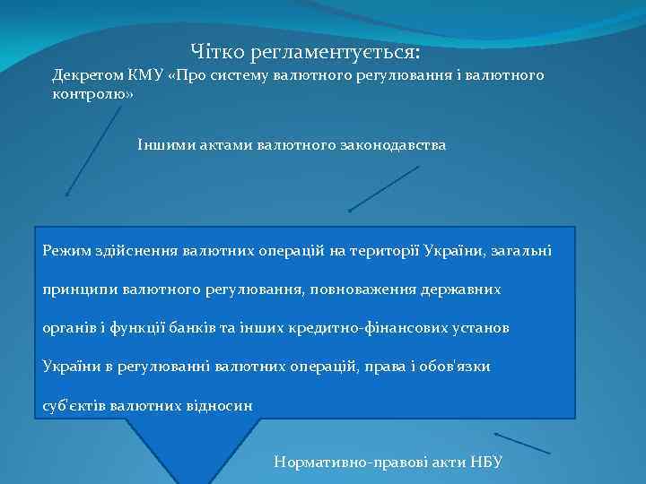 Чітко регламентується: Декретом КМУ «Про систему валютного регулювання і валютного контролю» Іншими актами валютного