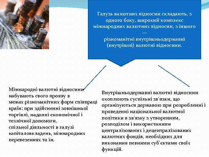 Галузь валютних відносин складають, з одного боку, широкий комплекс міжнародних валютних відносин, з іншого