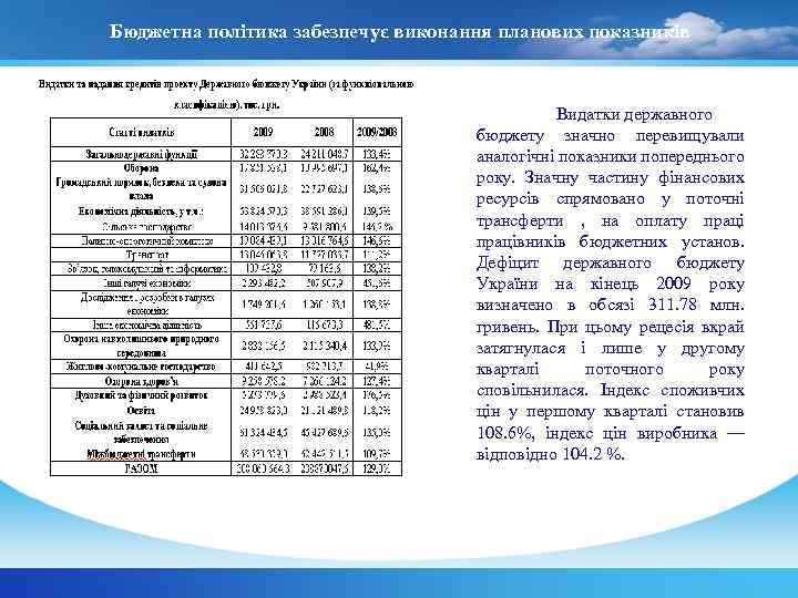 Бюджетна політика забезпечує виконання планових показників Видатки державного бюджету значно перевищували аналогічні показники попереднього