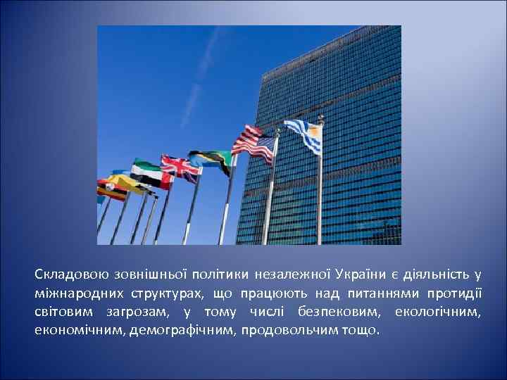 Складовою зовнішньої політики незалежної України є діяльність у міжнародних структурах, що працюють над питаннями
