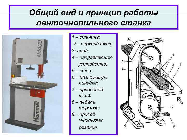 Общий вид и принцип работы ленточнопильного станка 1 – станина; 2 – верхний шкив;