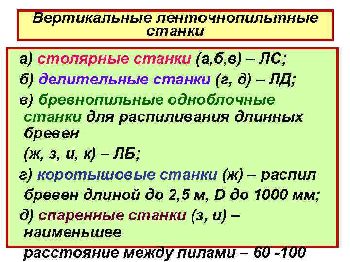 Вертикальные ленточнопильтные станки а) столярные станки (а, б, в) – ЛС; б) делительные станки