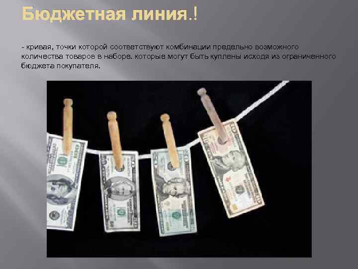 Бюджетная линия. - кривая, точки которой соответствуют комбинации предельно возможного количества товаров в наборе.