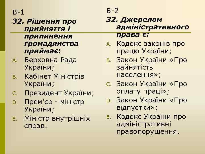 В-1 32. Рішення про прийняття і припинення громадянства приймає: A. Верховна Рада України; B.