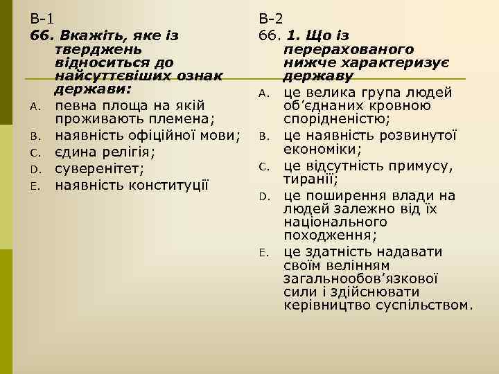 В-1 66. Вкажіть, яке із тверджень відноситься до найсуттєвіших ознак держави: A. певна площа