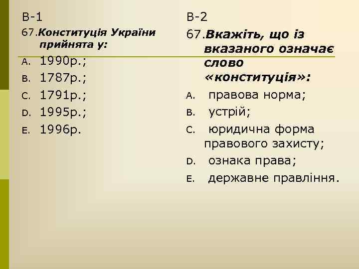 В-1 67. Конституція України прийнята у: A. B. C. D. E. 1990 р. ;