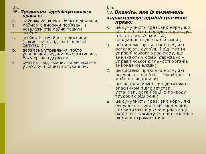 В-1 68. Предметом адміністративного права є: A. найважливіші економічні відносини; B. майнові відносини пов’язані