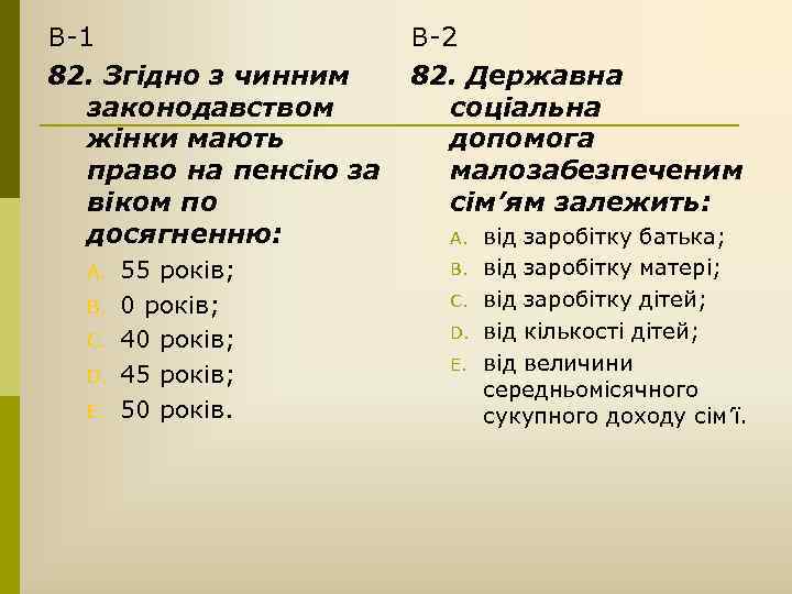 В-1 82. Згідно з чинним законодавством жінки мають право на пенсію за віком по