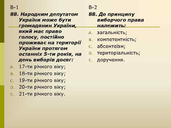 В-1 88. Народним депутатом України може бути громадянин України, який має право голосу, постійно