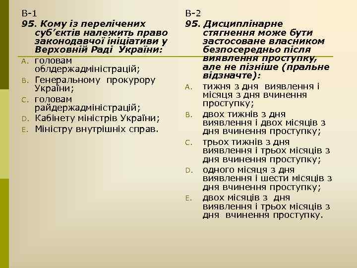 В-1 95. Кому із перелічених суб’єктів належить право законодавчої ініціативи у Верховній Раді України: