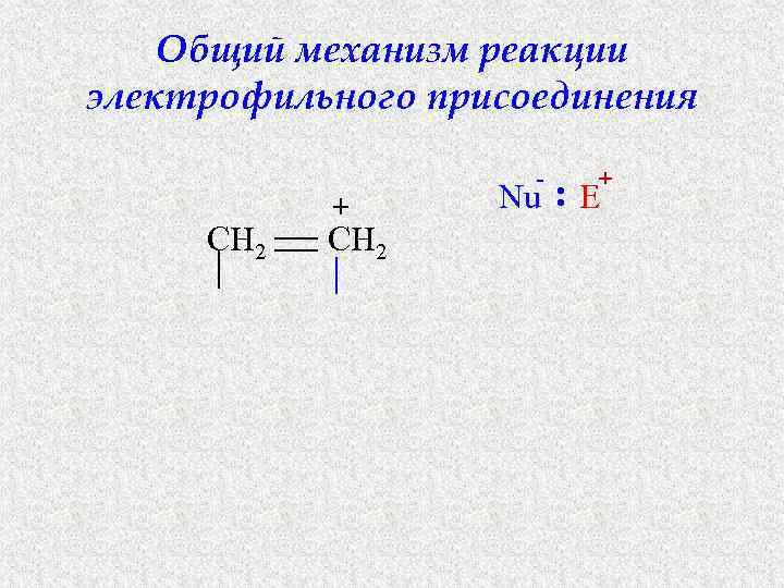 Общий механизм реакции электрофильного присоединения CH 2 + CH 2 - + Nu :