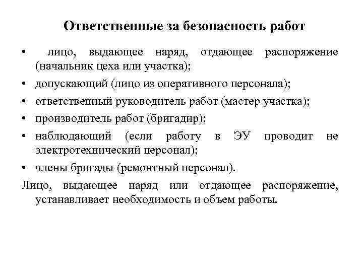 Ответственные за безопасность работ • лицо, выдающее наряд, отдающее распоряжение (начальник цеха или участка);