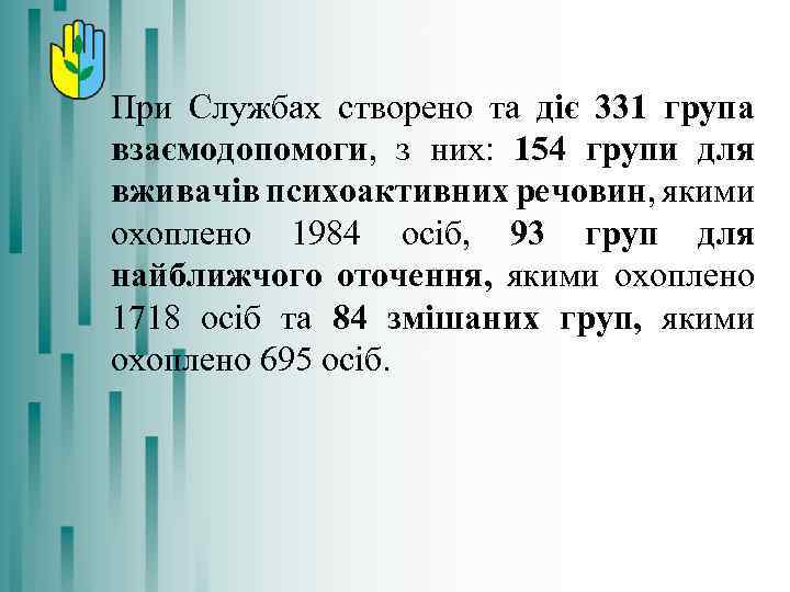 При Службах створено та діє 331 група взаємодопомоги, з них: 154 групи для вживачів
