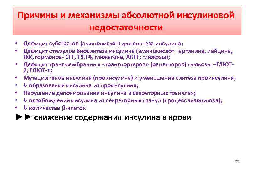 Причины и механизмы абсолютной инсулиновой недостаточности • Дефицит субстратов (аминокислот) для синтеза инсулина; •
