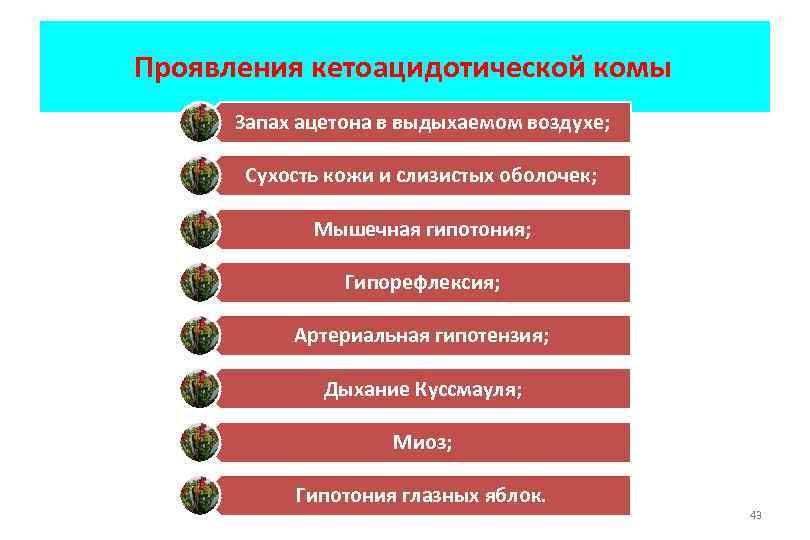 Проявления кетоацидотической комы Запах ацетона в выдыхаемом воздухе; Сухость кожи и слизистых оболочек; Мышечная