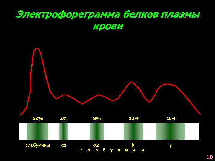 Электрофореграмма белков плазмы крови 62% 2% 8% альбумины 1 2 л о б г