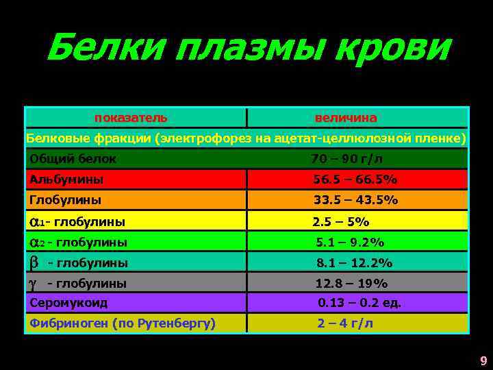 Белки плазмы крови показатель величина Белковые фракции (электрофорез на ацетат-целлюлозной пленке) Общий белок 70