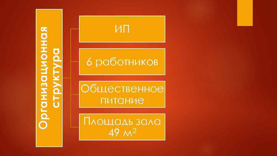 Организационная структура ИП 6 работников Общественное питание Площадь зала 49 м 2 