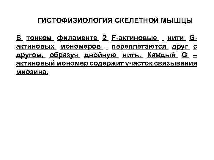 ГИСТОФИЗИОЛОГИЯ СКЕЛЕТНОЙ МЫШЦЫ В тонком филаменте 2 F-актиновые нити Gактиновых мономеров переплетаются друг с