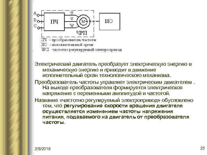 Электрический двигатель преобразует электрическую энергию в механическую энергию и приводит в движение исполнительный орган