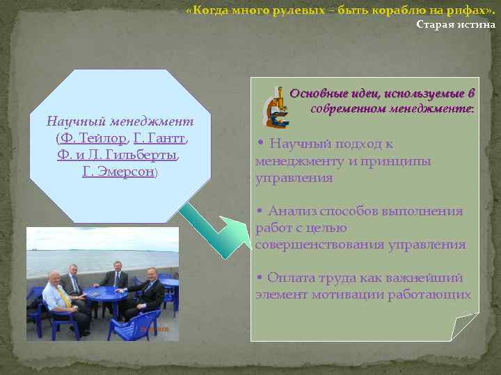  «Когда много рулевых – быть кораблю на рифах» . Старая истина Научный менеджмент