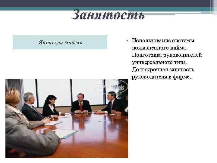 Занятость Японская модель • Использование системы пожизненного найма. Подготовка руководителей универсального типа. Долгосрочная занятость