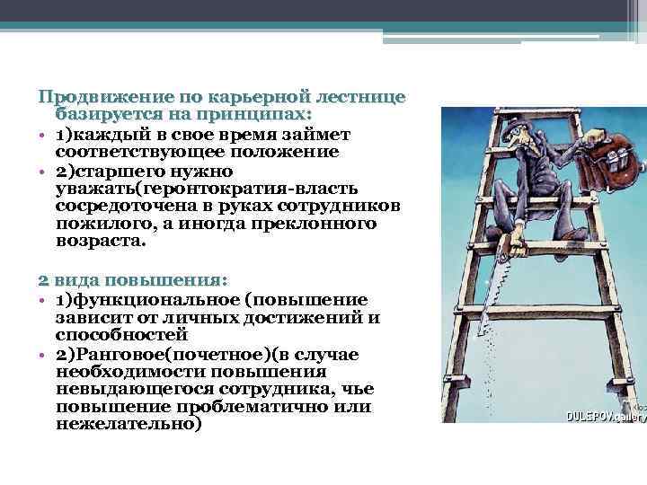 Продвижение по карьерной лестнице базируется на принципах: • 1)каждый в свое время займет соответствующее