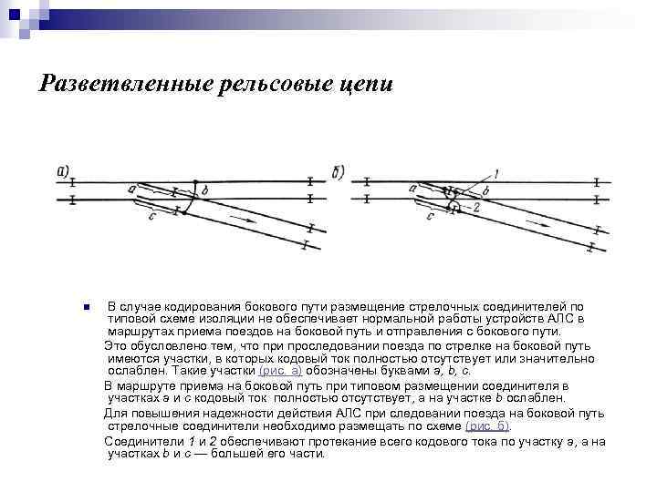 Разветвленные рельсовые цепи В случае кодирования бокового пути размещение стрелочных соединителей по типовой схеме