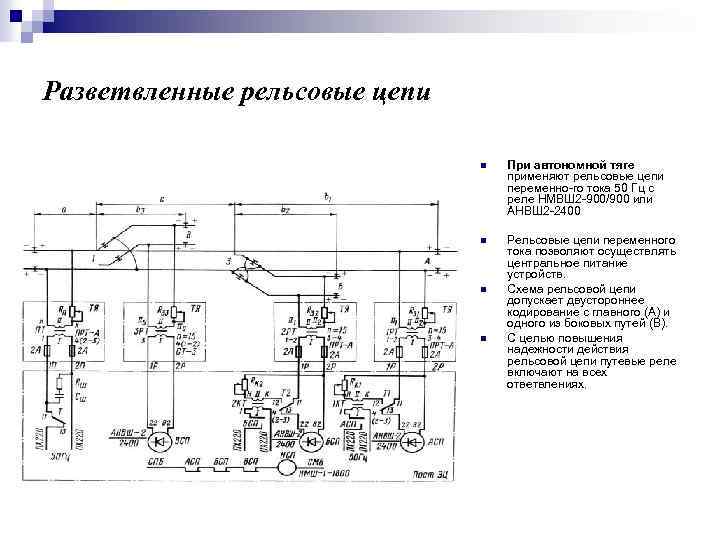 Разветвленные рельсовые цепи n При автономной тяге применяют рельсовые цепи переменно го тока 50