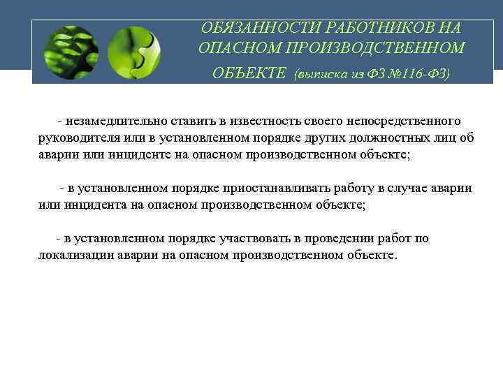 ОБЯЗАННОСТИ РАБОТНИКОВ НА ОПАСНОМ ПРОИЗВОДСТВЕННОМ ОБЪЕКТЕ (выписка из ФЗ № 116 -ФЗ) - незамедлительно
