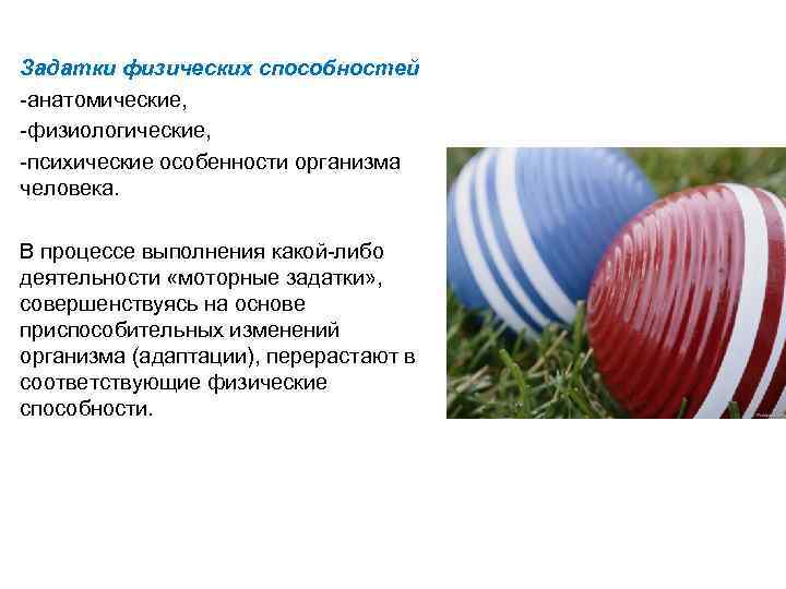 Задатки физических способностей -анатомические, -физиологические, -психические особенности организма человека. В процессе выполнения какой-либо деятельности