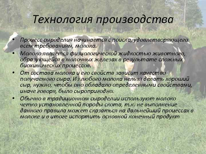 Технология производства • Процесс сыроделия начинается с поиска, удовлетворяющего всем требованиям, молока. • Молоко