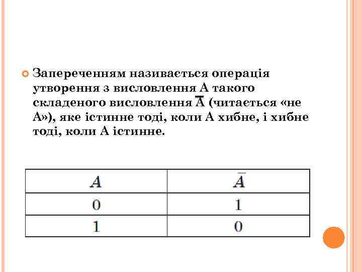  Запереченням називається операція утворення з висловлення А такого складеного висловлення А (читається «не