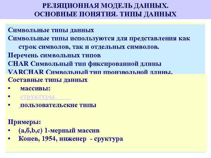 РЕЛЯЦИОННАЯ МОДЕЛЬ ДАННЫХ. ОСНОВНЫЕ ПОНЯТИЯ. ТИПЫ ДАННЫХ Простые типы данных 1. Тип данных Символьные