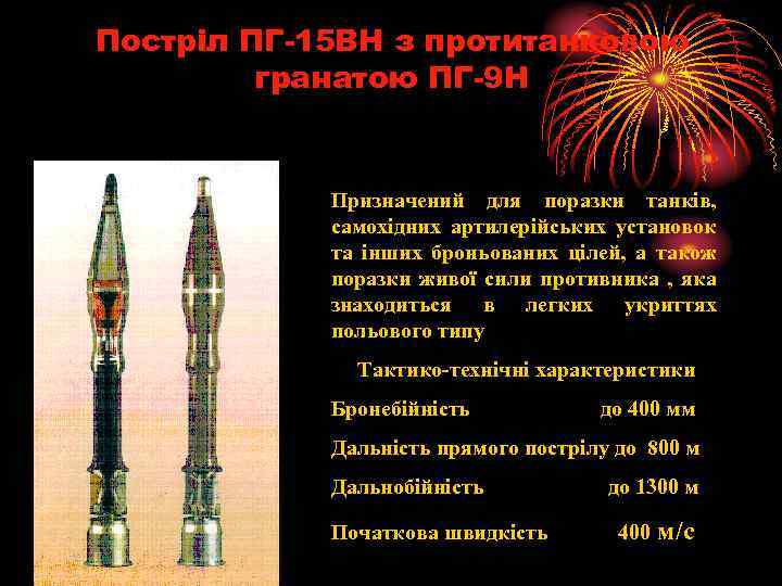 Постріл ПГ-15 ВН з протитанковою гранатою ПГ-9 Н Призначений для поразки танків, самохідних артилерійських