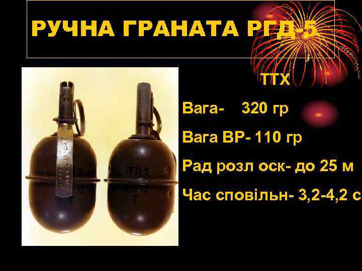 РУЧНА ГРАНАТА РГД-5 ТТХ Вага- 320 гр Вага ВР- 110 гр Рад розл оск-