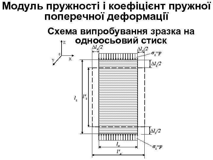 Модуль пружності і коефіцієнт пружної поперечної деформації Схема випробування зразка на одноосьовий стиск Z