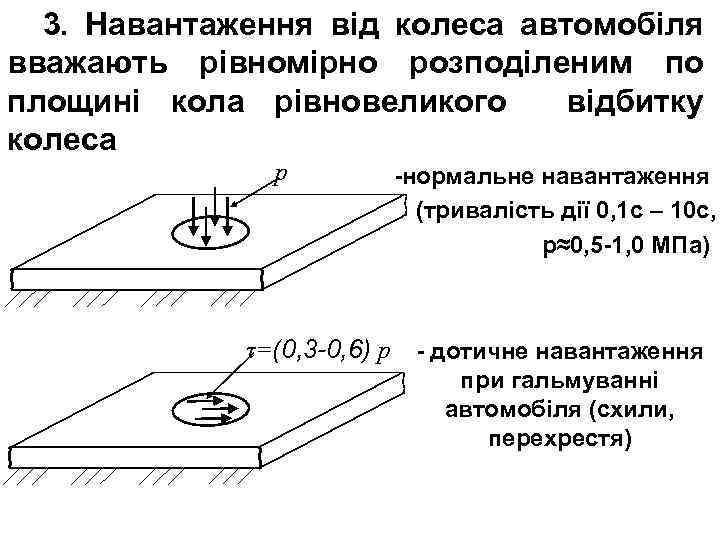 3. Навантаження від колеса автомобіля вважають рівномірно розподіленим по площині кола рівновеликого відбитку колеса