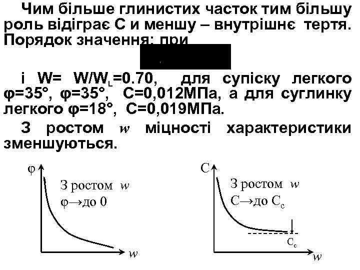 Чим більше глинистих часток тим більшу роль відіграє С и меншу – внутрішнє тертя.