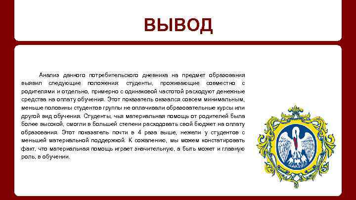 ВЫВОД Анализ данного потребительского дневника на предмет образования выявил следующие положения: студенты, проживающие совместно