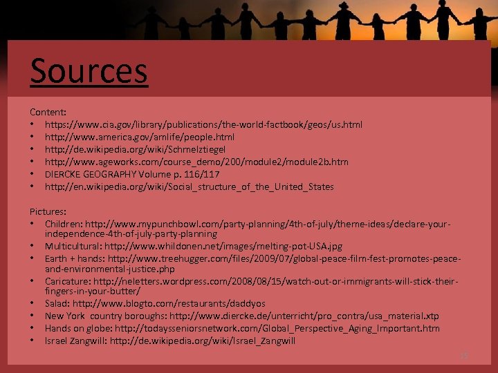Sources Content: • https: //www. cia. gov/library/publications/the-world-factbook/geos/us. html • http: //www. america. gov/amlife/people. html