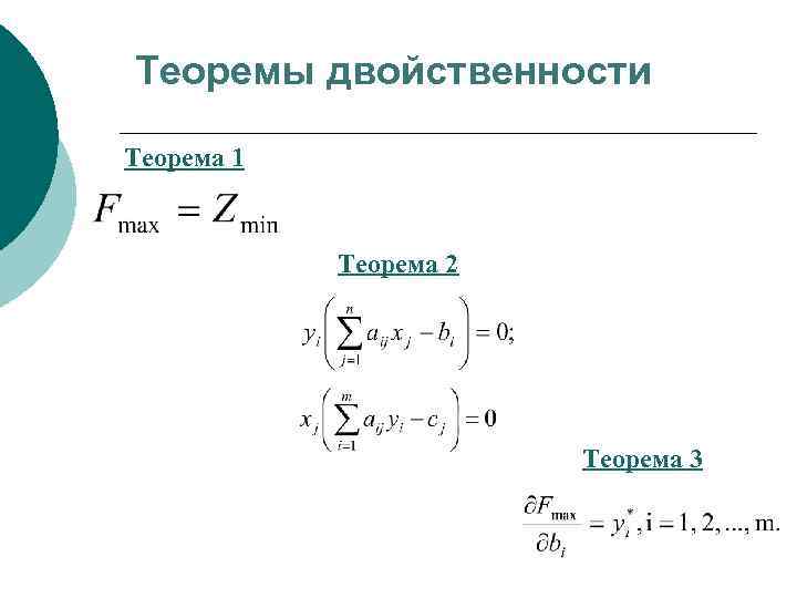 Теоремы двойственности Теорема 1 Теорема 2 Теорема 3 