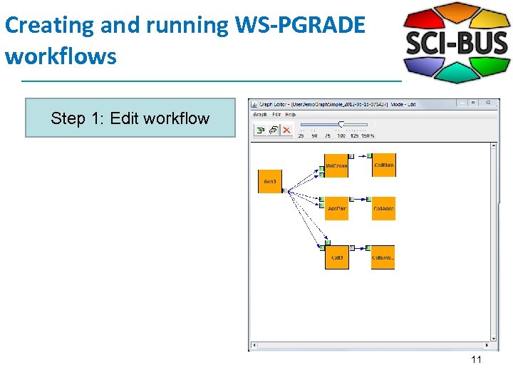 Creating and running WS-PGRADE workflows Step 1: Edit workflow 11 