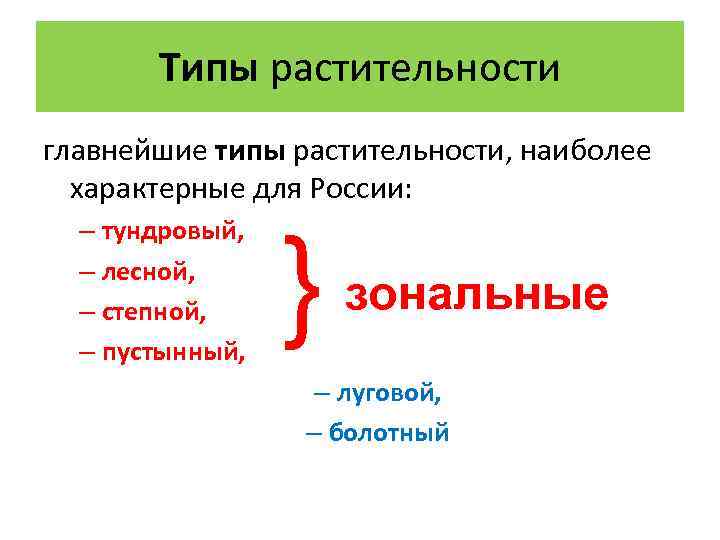 Типы растительности главнейшие типы растительности, наиболее характерные для России: – тундровый, – лесной, –