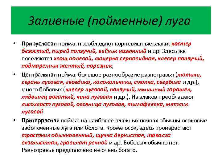 Заливные (пойменные) луга • Прирусловая пойма: преобладают корневищные злаки: костер безостый, пырей ползучий, вейник