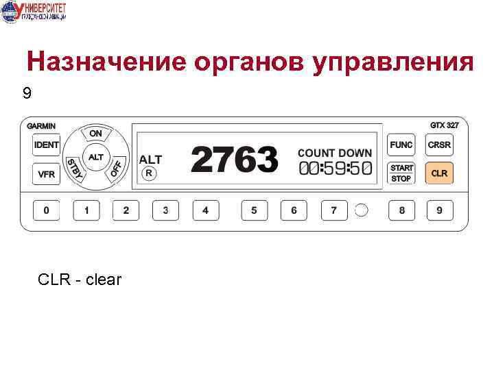 Назначение органов управления 9 CLR - clear 