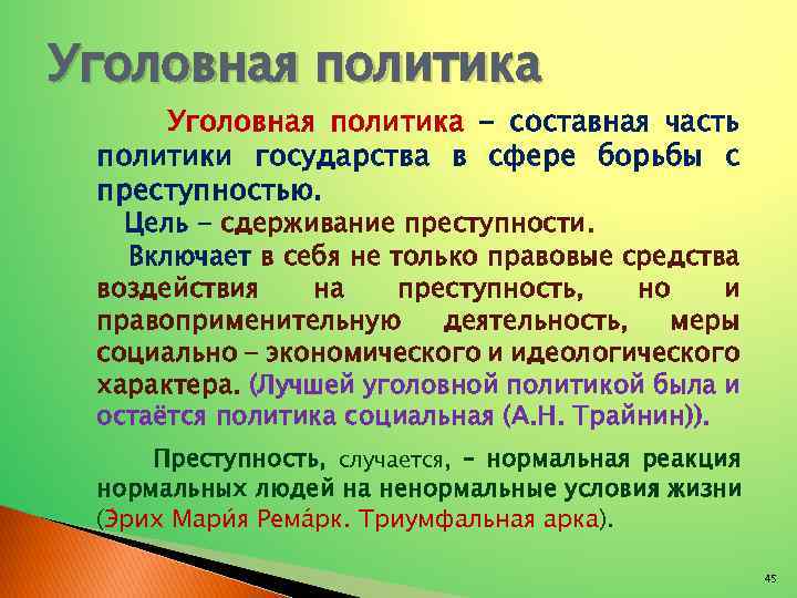 Уголовная политика - составная часть политики государства в сфере борьбы с преступностью. Цель -