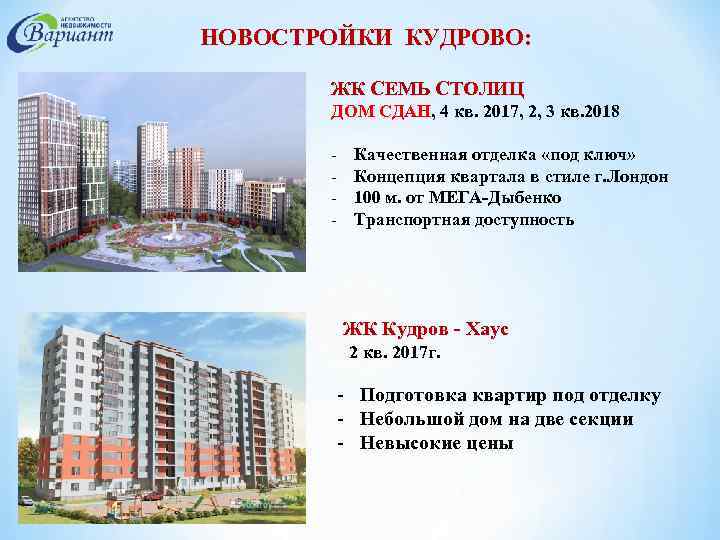 НОВОСТРОЙКИ КУДРОВО: КУДРОВО ЖК СЕМЬ СТОЛИЦ ДОМ СДАН, 4 кв. 2017, 2, 3 кв.