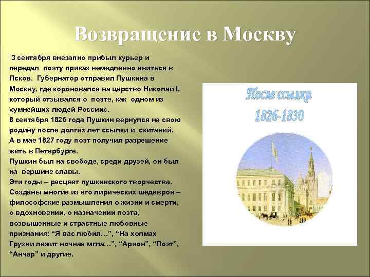 Возвращение в Москву 3 сентября внезапно прибыл курьер и передал поэту приказ немедленно явиться